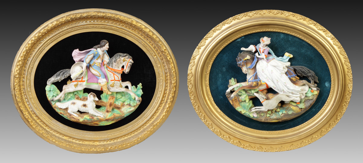 Appraisal: Continental Hand Painted Bisque Figural Plaques w Figures Dogs th