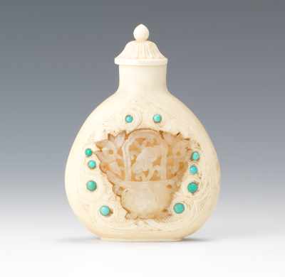 Appraisal: A Carved Ivory Snuff Bottle with White Jade Medallions Compressed