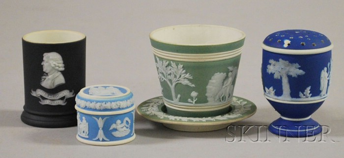 Appraisal: Five Small Wedgwood Jasper Dip Items a shaker jar match