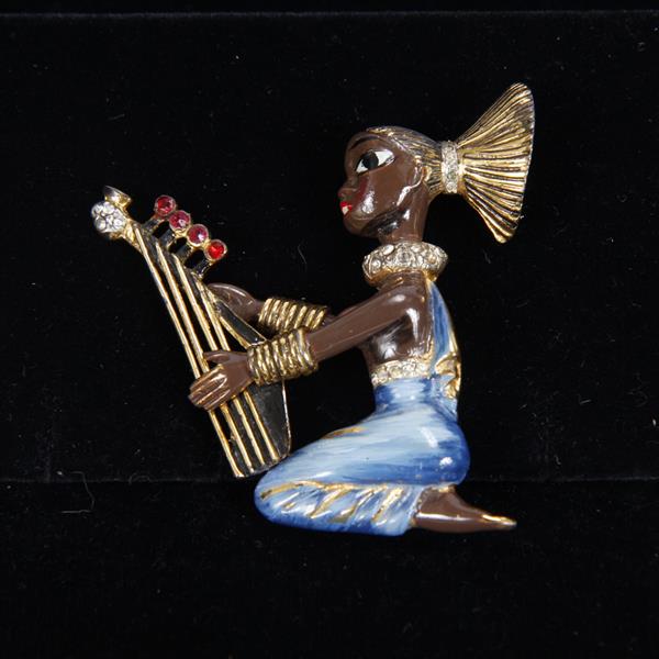 Appraisal: Coro Craft Sterling Enamel African Lady Playing Harp Brooch Pin