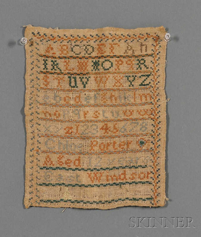 Appraisal: Small Needlework Sampler Chloe Porter Aged years East Windsor early