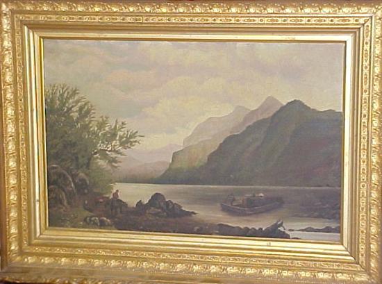 Appraisal: Unsigned oil on canvas boat on river with mountains ss