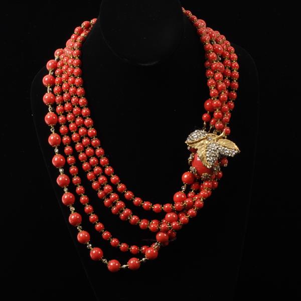 Appraisal: Miriam Haskell Multi-Strand Coral Glass Beaded Necklace with Gold Tone