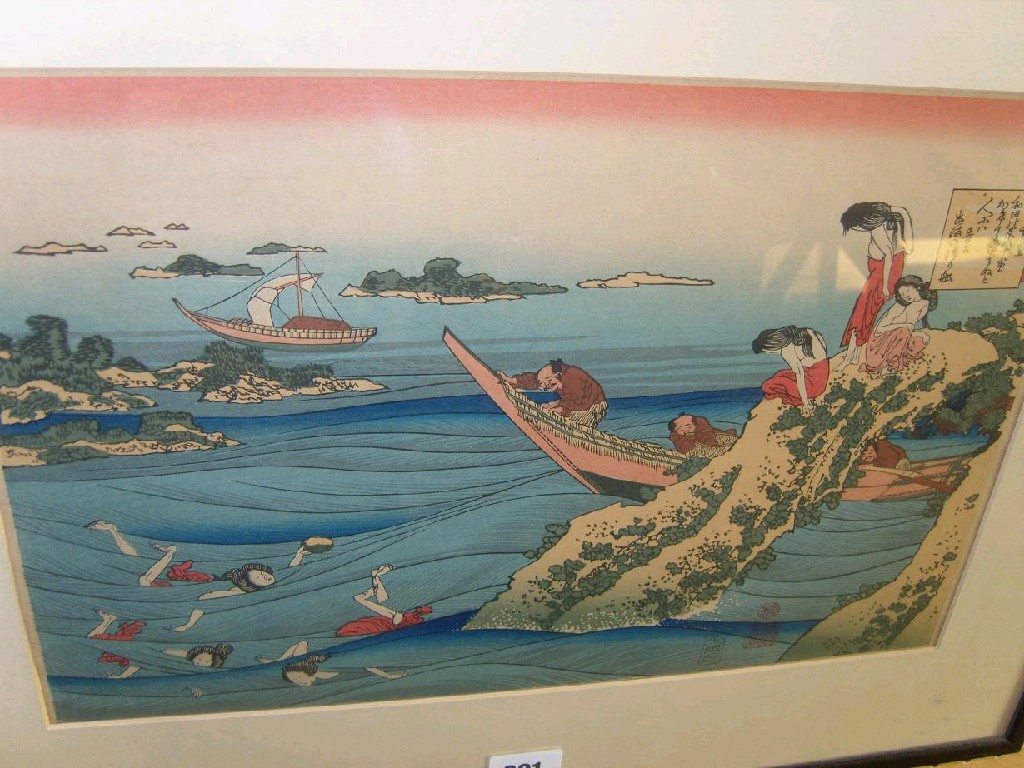 Appraisal: An early th century Japanese woodcut print of a coastal