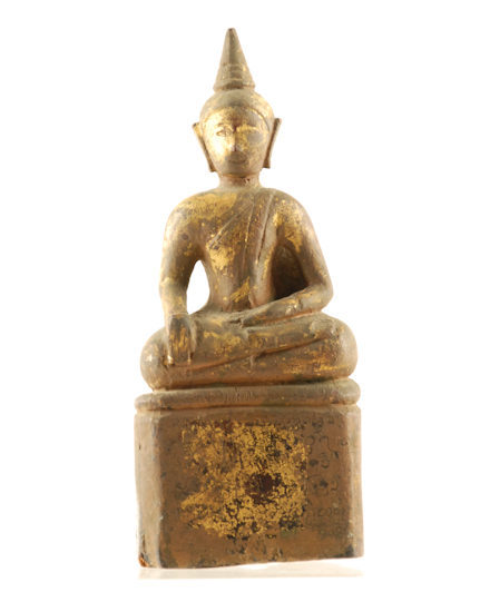 Appraisal: A Thai Carved Wood Seated Buddha with remnants of paint