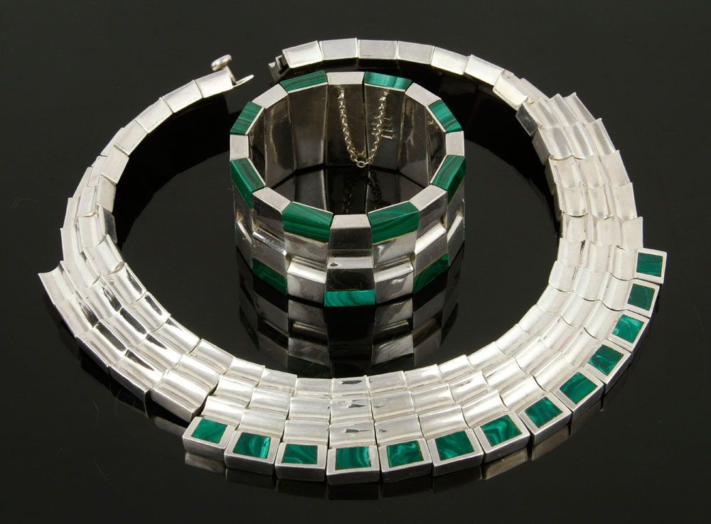 Appraisal: - Mexican Silver and Malachite Bracelet and Necklace Mexican bracelet