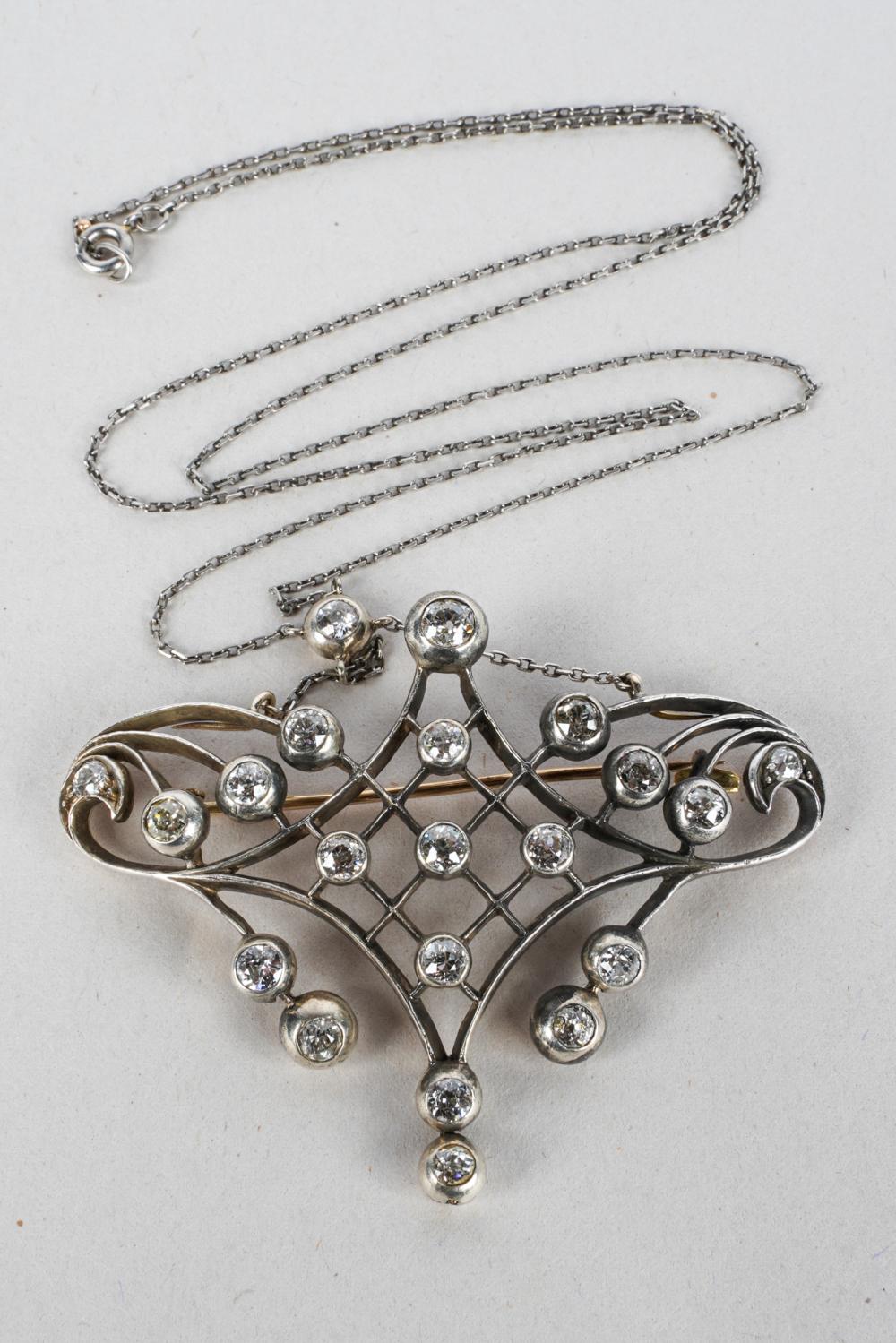 Appraisal: VICTORIAN SILVERED GOLD DIAMOND PENDANT NECKLACEcontaining old European cut diamonds