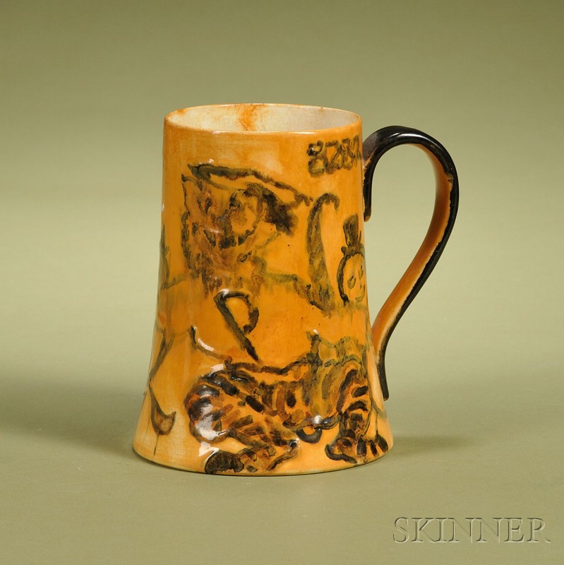 Appraisal: Lead Glazed Enamel Decorated Tankard early th century handpainted to