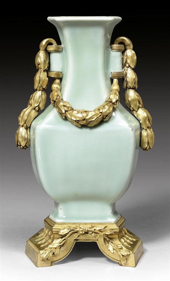 Appraisal: SMALL CELADON VASE WITH BRONZE MOUNTS Louis XVI the celadon