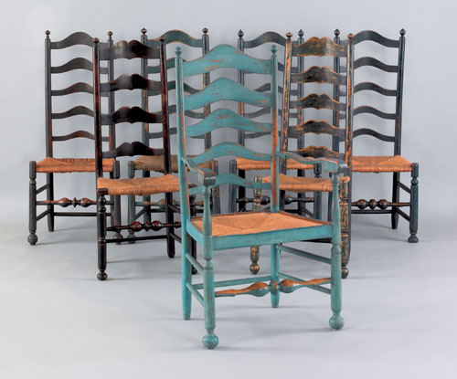 Appraisal: Assembled set of seven Delaware Valley painted ladderback dining chairs