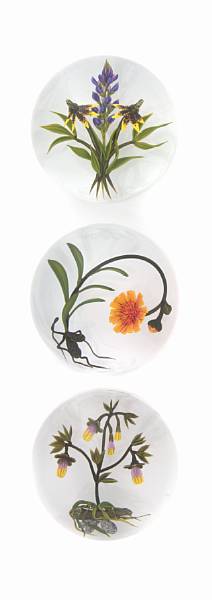 Appraisal: Three Chris Buzzini floral glass paperweights - each engraved Buzzini