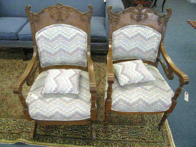 Appraisal: Pair of Carved Victorian Oak Parlor Chairs one with platform