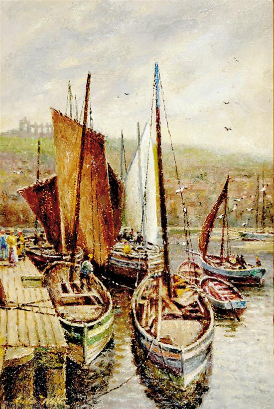 Appraisal: American school late th century HARBOR SCENE oil on canvas