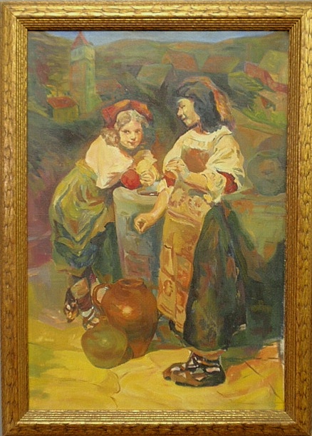 Appraisal: - Oil on canvas painting of two young Alsatian girls