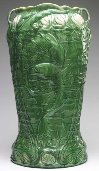 Appraisal: ROSEVILLE Fine umbrella stand embossed with fish and water lilies