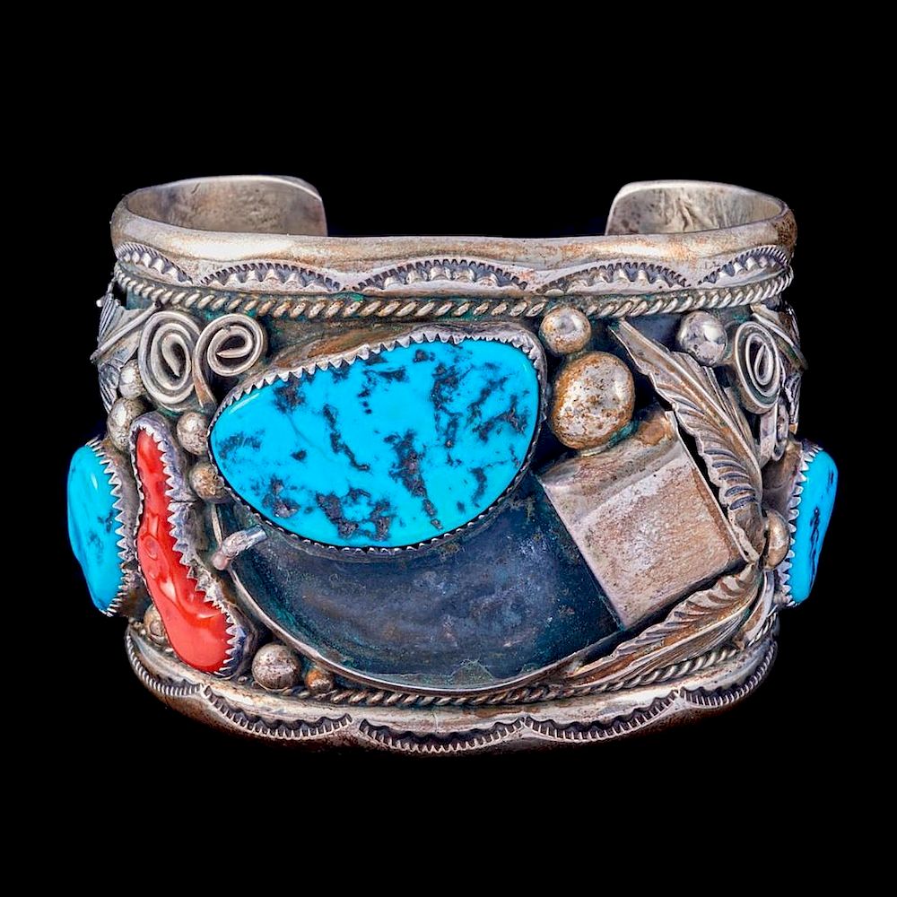 Appraisal: NAVAJO CUFF BRACELET An old pawn turquoise coral and sterling