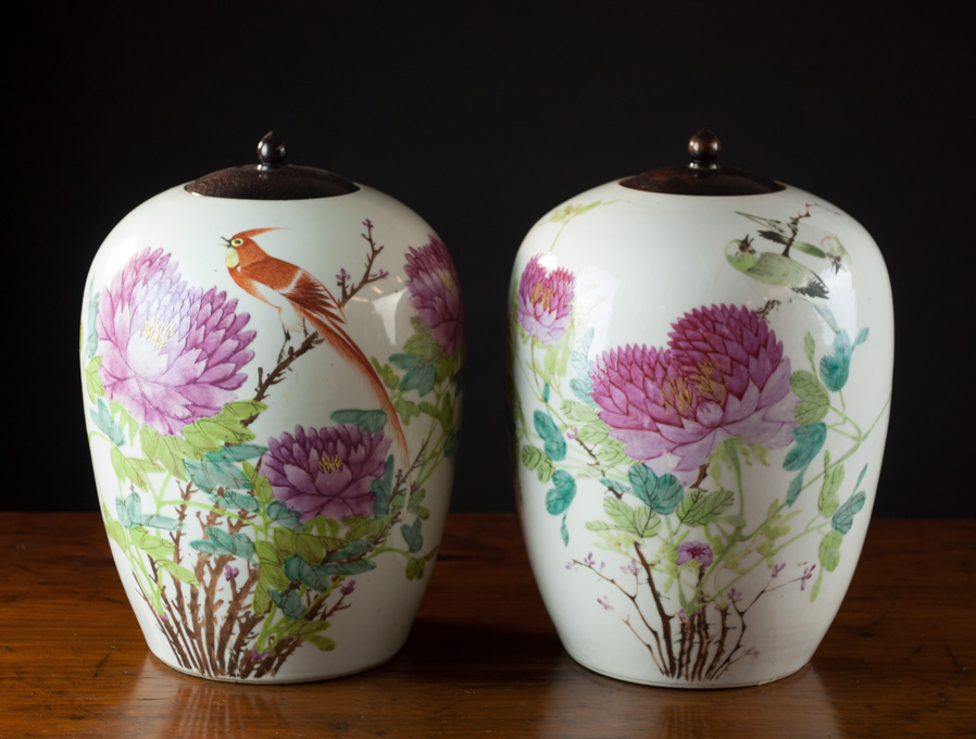 Appraisal: PAIR CHINESE QING DYNASTY PORCELAIN JARS with hand enameled peony