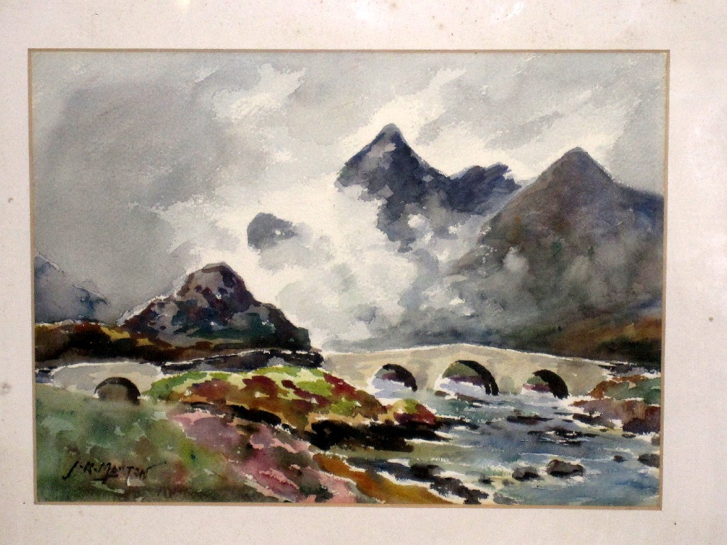 Appraisal: JOHN KIDD MAXTON Watercolour Highland Landscape with a bridge signed