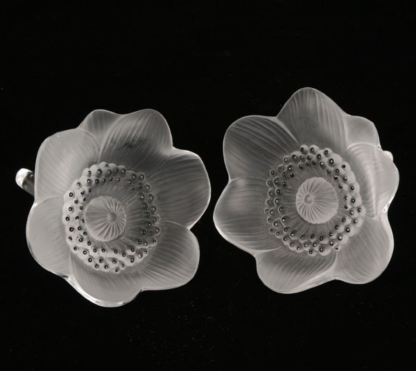 Appraisal: Pair Lalique Anemone frosted art glass flowers with black enamel