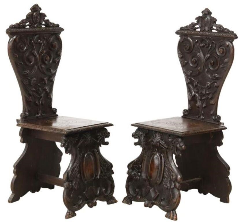 Appraisal: pair Italian Renaissance Revival carved walnut hall chairs early th