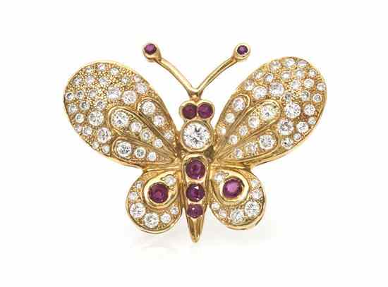 Appraisal: A Karat Yellow Gold Ruby and Diamond Butterfly Brooch containing