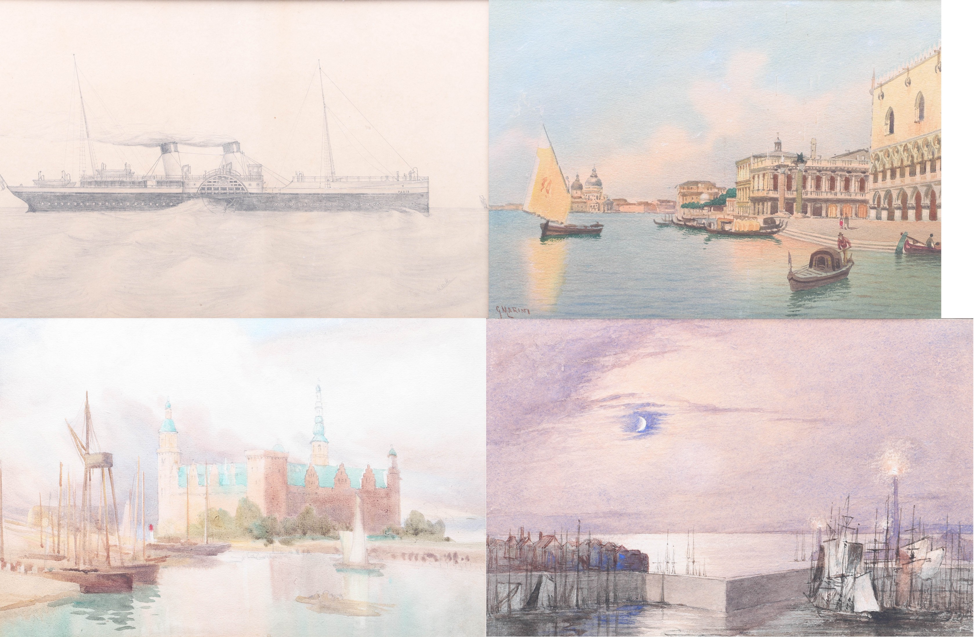 Appraisal: Watercolors Steamship Drawing Genoa Helsingburd Sweden and Venice watercolor on