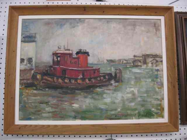 Appraisal: Anna Virginia Diver Oil Tugboat in Harbor signed dated image