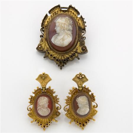 Appraisal: Antique Gold and Hardstone Cameo Brooch and Pair of Pendant-Earrings