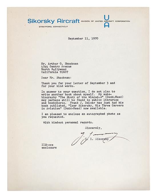 Appraisal: SIKORSKY Igor Ivanovich - Typed letter Signed I Sikorsky To