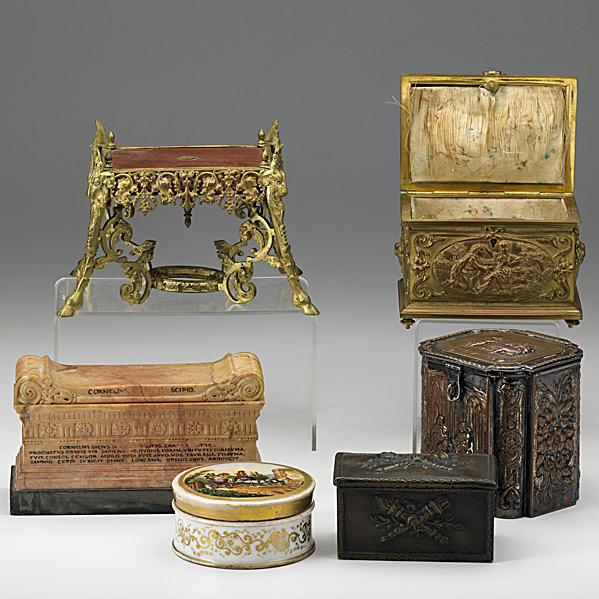 Appraisal: DECORATIVE ACCENTSSix pieces include three repousse boxes marble inkstand gilt