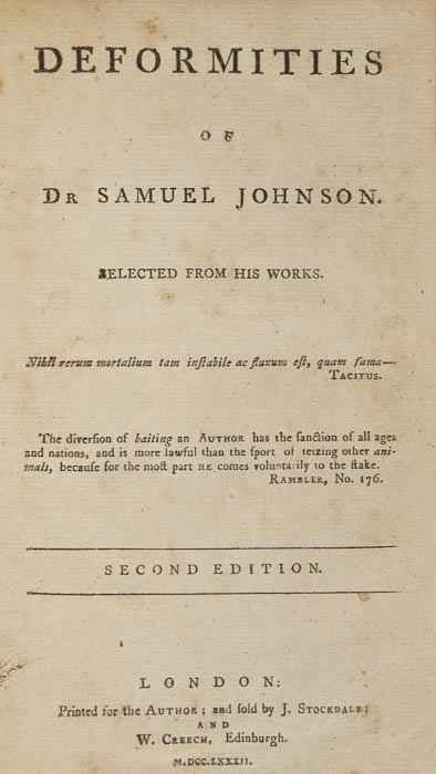 Appraisal: Johnson Samuel Deformities of Dr Samuel Johnson Selected from his