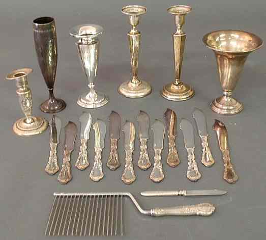 Appraisal: Group of weighted sterling silver vases candlesticks cake fork w