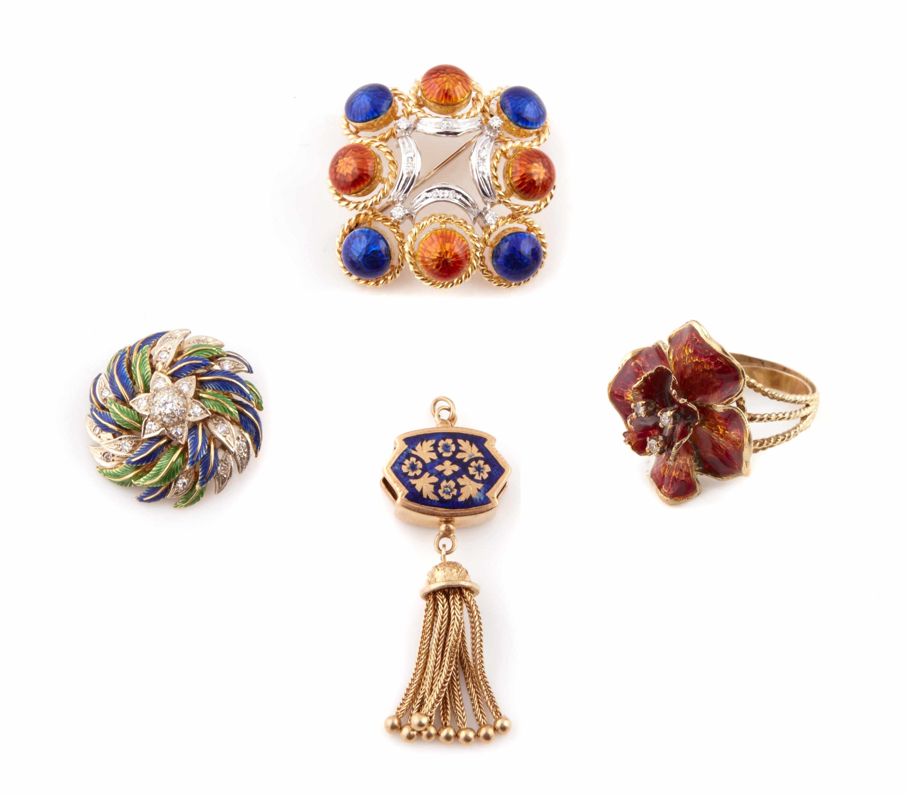 Appraisal: A group of diamond sapphire multi-colored enamel and gold jewelry