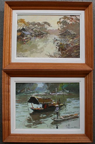 Appraisal: PAIR OF ILLEGIBLY SIGNED VIETNAMESE SCENES Poling in an Asian