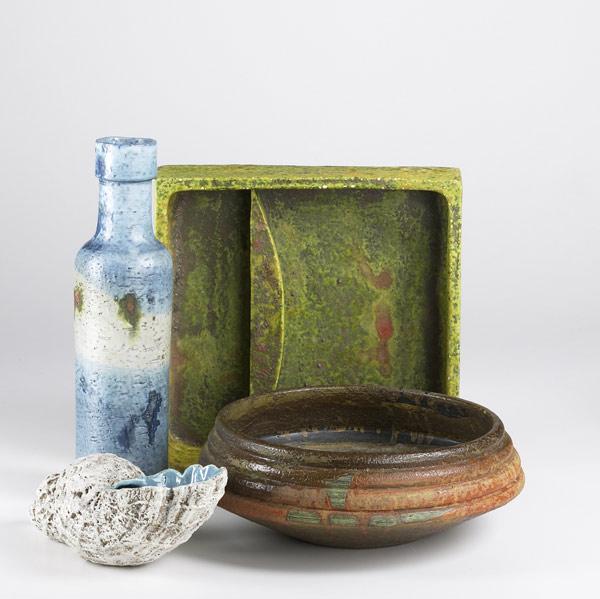 Appraisal: FANTONI POTTERY GROUP Four pieces include bottle shaped vase square