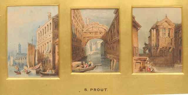 Appraisal: AFTER SAMUEL PROUT three watercolour vignettes of Venice mounted in