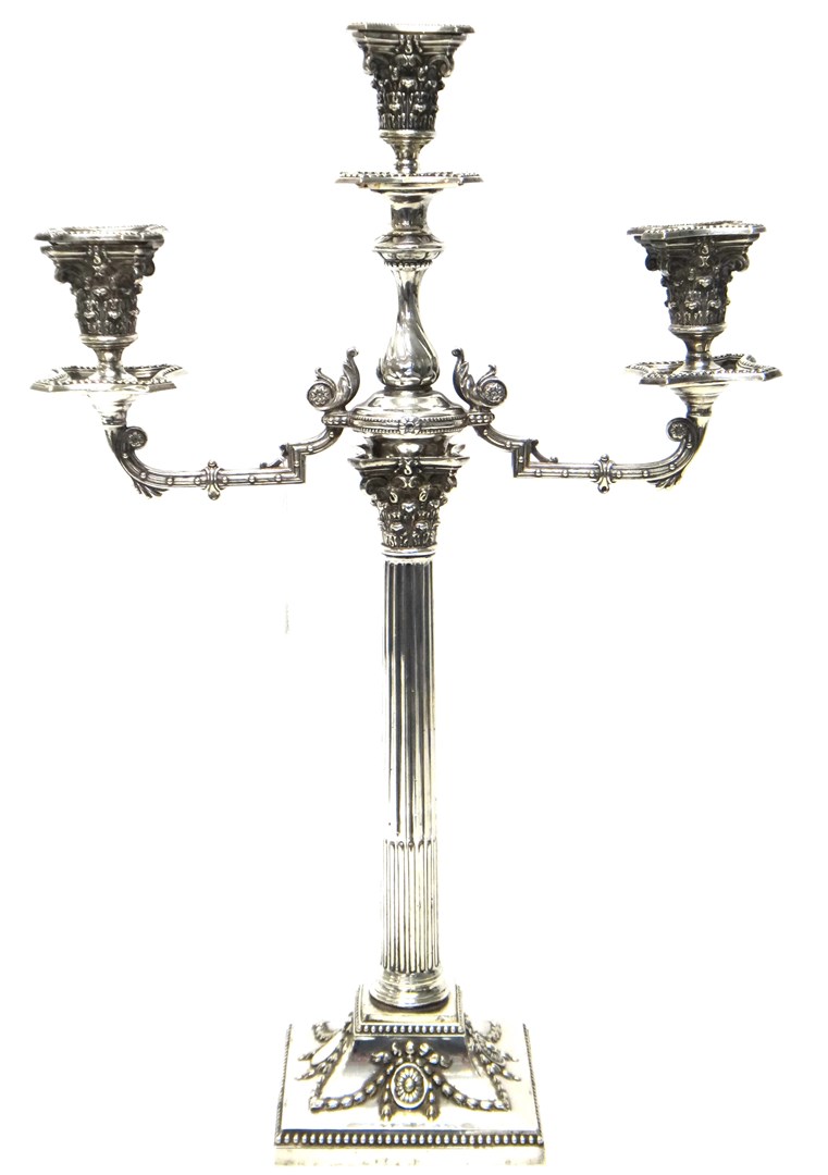 Appraisal: A plated three light table candelabra formed as a Corinthian