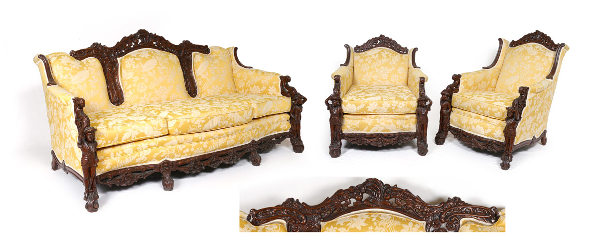 Appraisal: PIECE FIGURAL CARVED PARLOR SET Profusely carved with figural conquistador