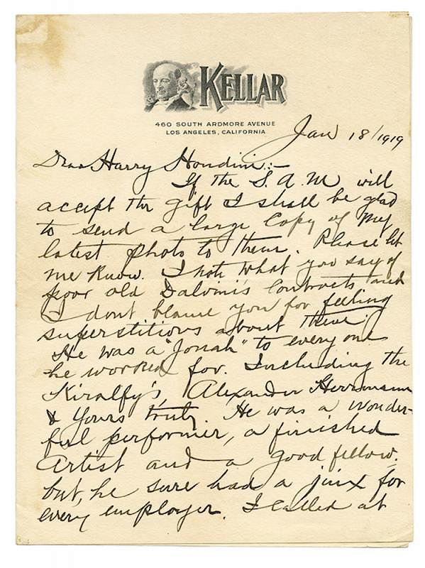 Appraisal: Autograph Letter Signed Kellar to Harry Houdini Kellar Harry Heinrich