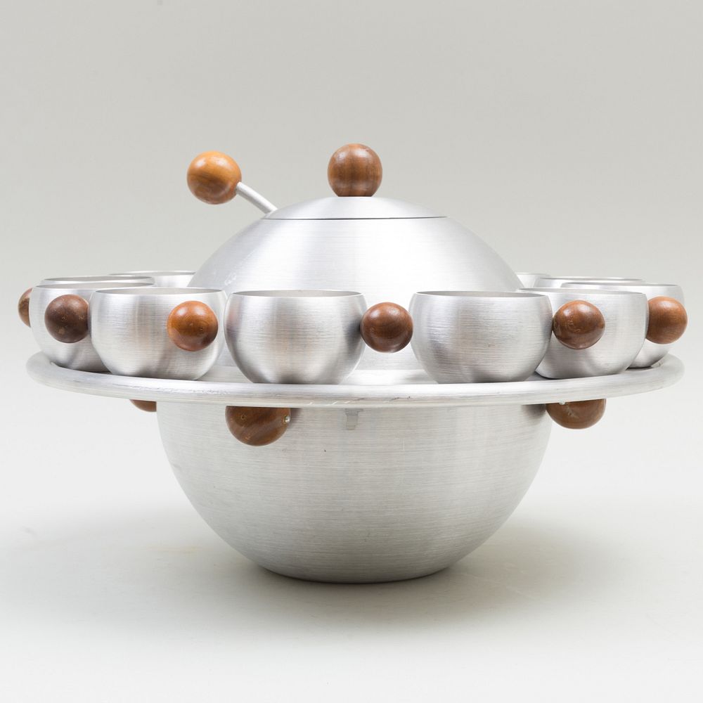 Appraisal: Russel Wright Spun Aluminum and Wood 'Saturn' Punch Set Comprising