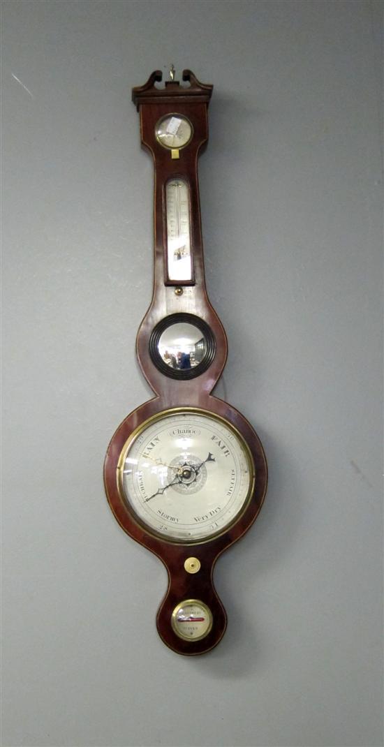 Appraisal: th century mahogany satinwood and ebony strung banjo shaped barometer