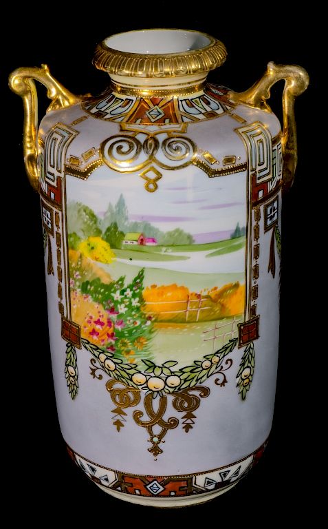 Appraisal: Hand Painted Nippon Farm Scene Vase Hand Painted Nippon Vase