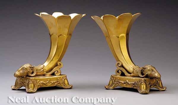 Appraisal: A Pair of Antique Continental Gilt Porcelain Rhyton Vases the