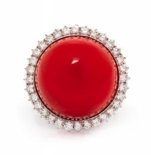 Appraisal: A White Gold Coral and Diamond Ring dwts A White