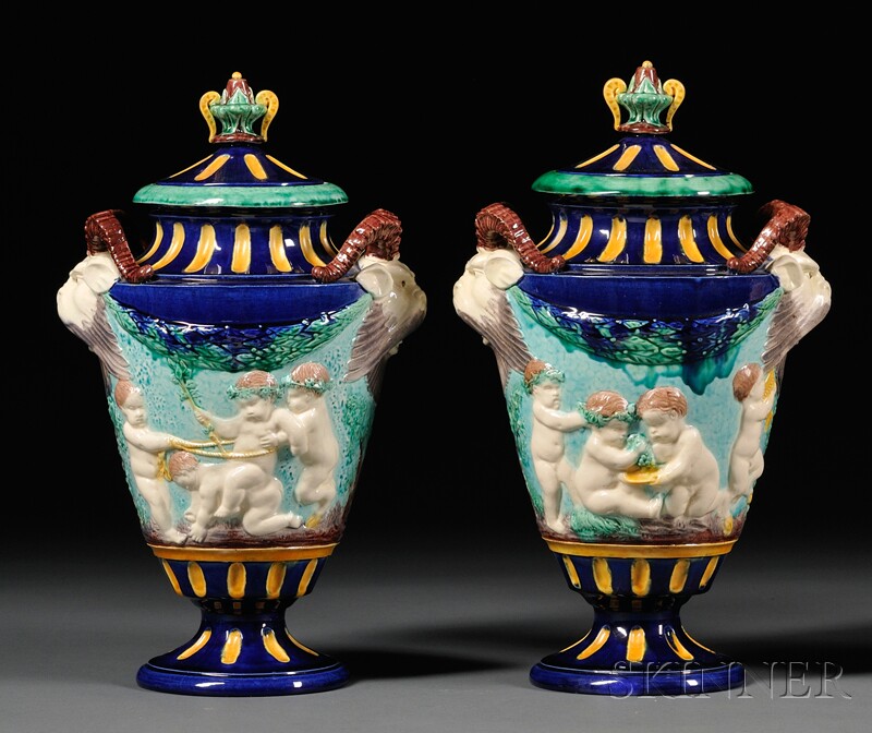 Appraisal: Pair of Majolica Vases and Covers France late th century