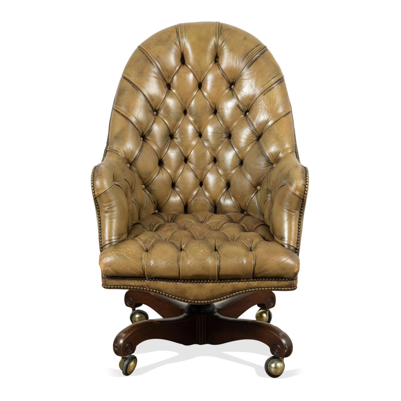 Appraisal: KITTINGER TUFTED LEATHER EXECUTIVE BARREL CHAIR Kittinger Furniture American green