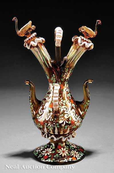 Appraisal: A Moser Enameled Amber Glass Cruet Vase late th early