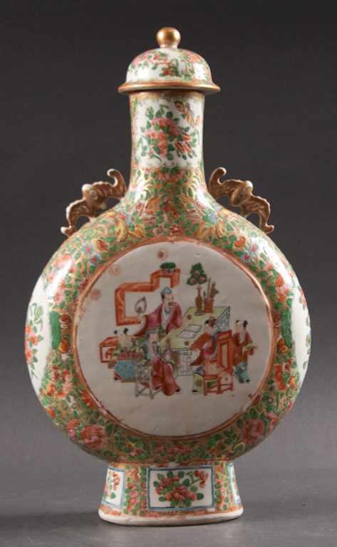 Appraisal: Chinese Export Rose Mandarin porcelain moon flask jar circa central