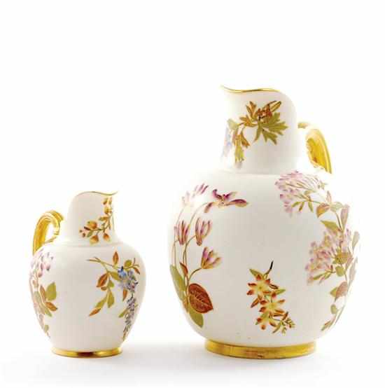 Appraisal: Royal Worcester porcelain botanical pitchers circa shaped spout over bulbous