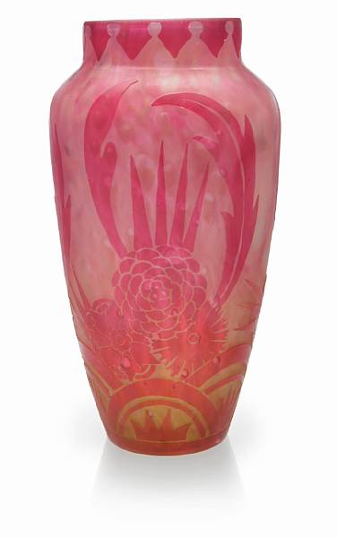 Appraisal: A Steuben rose quartz variance acid-cut-back glass vase shape -